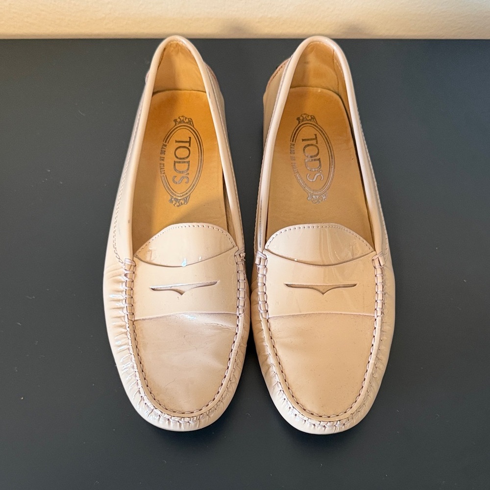 Tod's Pale Pink Patent Leather Slip-On Loafers